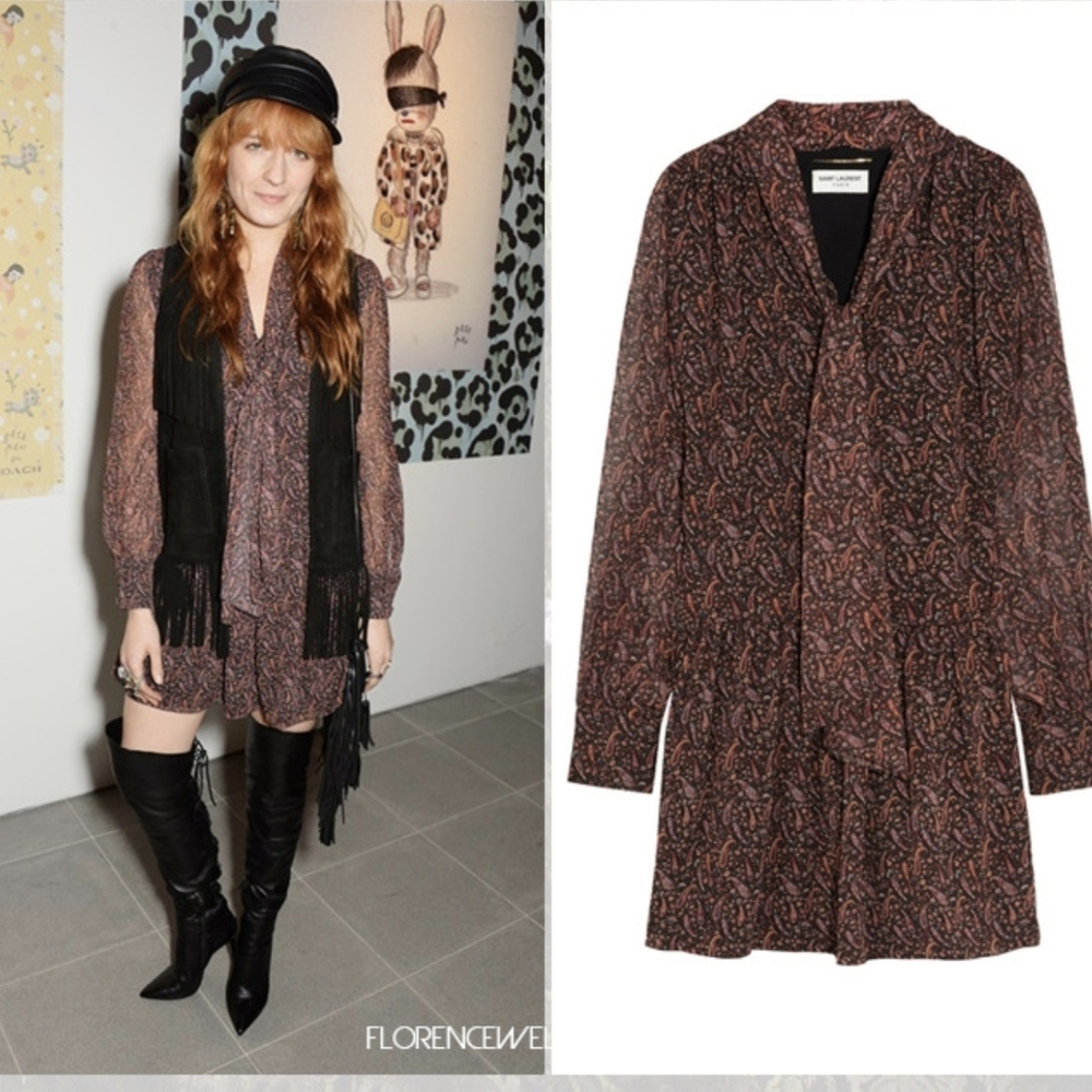 Saint Laurent Long Sleeve Paisley Dress - Black and Pink In Silk